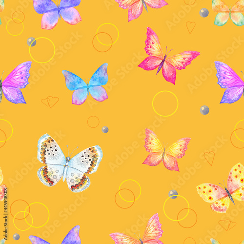 Wallpaper Mural Trendy colorful summer butterflies flying ,lady bug,insect seamless pattern scattered repeat for fashion ,fabric ,wallpaper and all prints on vivid yellow background color Torontodigital.ca