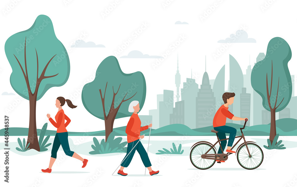 Outdoor activity. People in the city park. Jogging, riding bicycle, nordic walking. Urban recreation concept, sport vector illustration