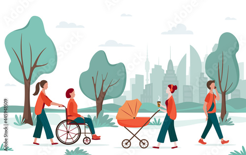 Outdoor activity. People walking in the city park. Mom with a baby carriage, woman in wheelchair with an accompanying person, young man. Urban recreation concept, diversity concept