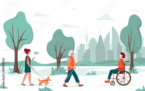 Outdoor activity. People walking in the city park. Girl with a dog, elderly woman with nordic walking sticks, woman in wheelchair. Urban recreation concept, diversity concept