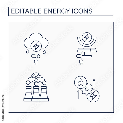 Energy line icons set. Thunderstorm, solar, wind energy. Fusion reactor, thermoelectric generator. Electricity generation concept. Isolated vector illustration. Editable stroke