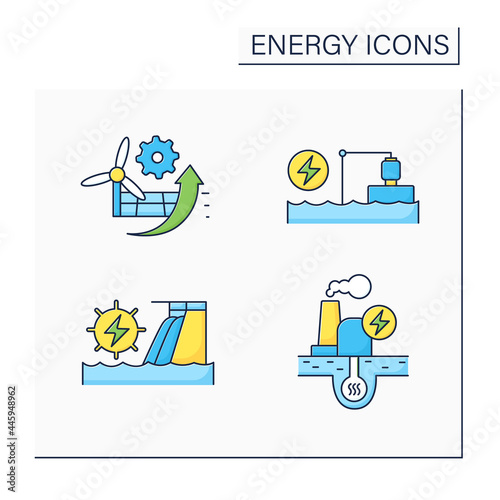 Energy color icons set. P2X, pumped storage, hydroelectric, geothermal power stations. Electricity generation concept. Isolated vector illustrations photo