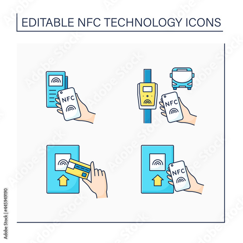 NFC technology color icons set. Safety payment system on smart watch or mobile phone. Near Field Communication. Contactless payment concept. Isolated vector illustrations