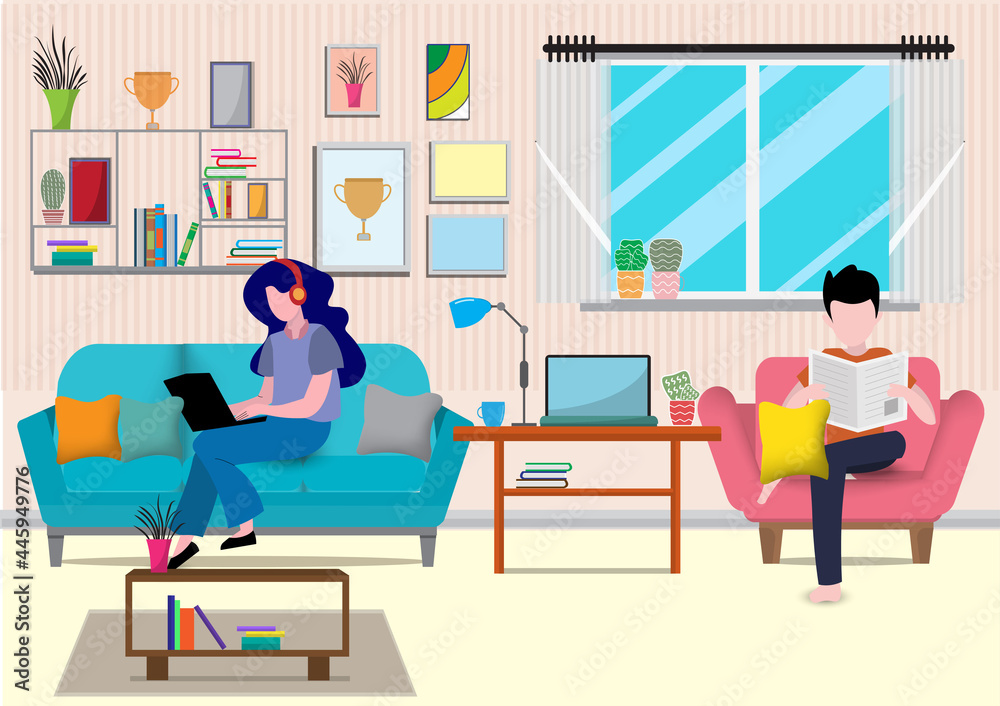 Flat design vector of man and woman doing work at the laptop computer in home.They are sitting on sofa behind computer with picture.work from home,Freelance,Vector Graphic and workplace concept. Flat design vector of man and woman doing work at the laptop computer in home.They are sitting on sofa behind computer with picture.work from home,Freelance,Vector Graphic and workplace concept.