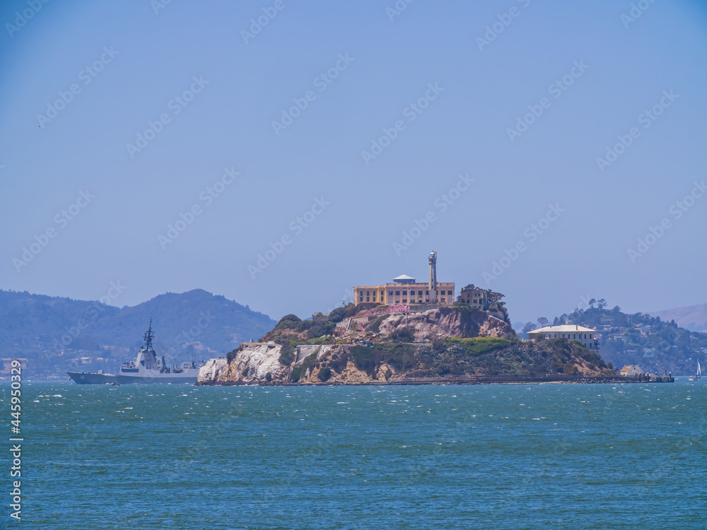 Sunny view of the Alcatraz Island and San Francisco Bay