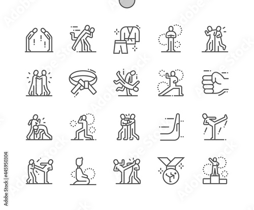 Jiu jitsu. Punch face. Protection position. Karate, fighter, sport, taekwondo and fight. Pixel Perfect Vector Thin Line Icons. Simple Minimal Pictogram