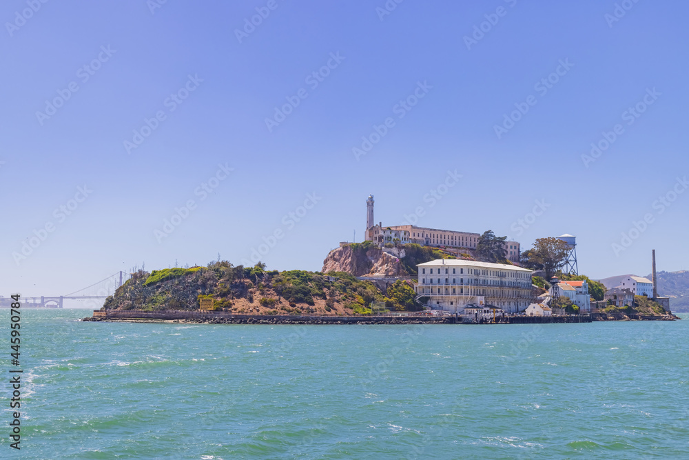 Sunny view of the Alcatraz Island and San Francisco Bay