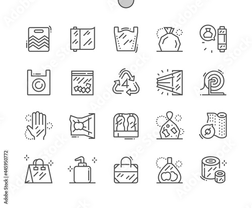 Low density polyethylene. Plastic bag. Plastic packaging. Polymer pack, transparent cellophane. Pixel Perfect Vector Thin Line Icons. Simple Minimal Pictogram