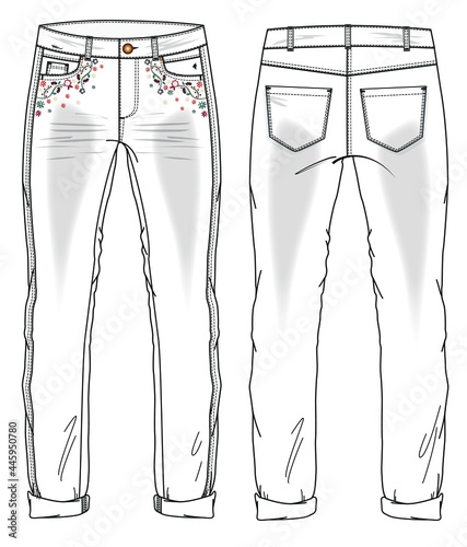illustration of a sketch of pants jeans fashion trend design embroidery vector CAD denim