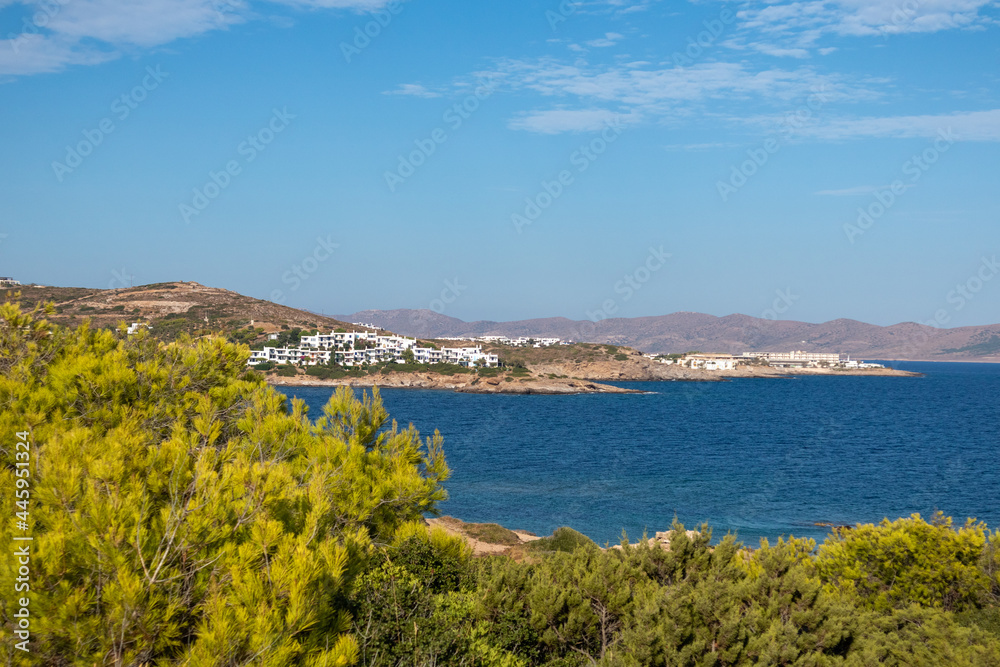 Vivid pine trees, green bushes, wild sea shore line landscape near small town in Greece. Colorful summer view with blue clear Mediterranean sea