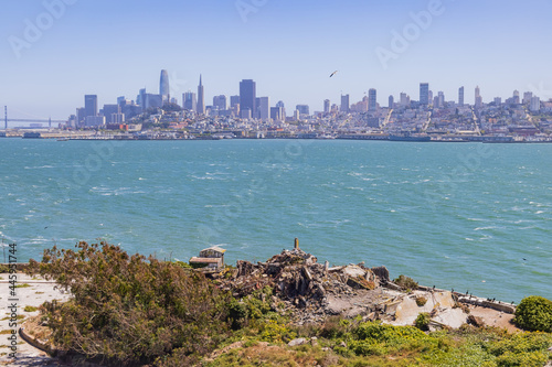 Sunny view of the Alcatraz Island and San Francisco skyline