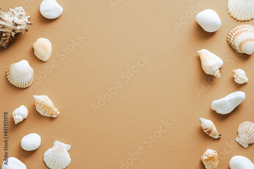 Double border frame made of sea shells on sand colored background. Flat lay, top view, copy space. Summer, vacation concept. © photoguns