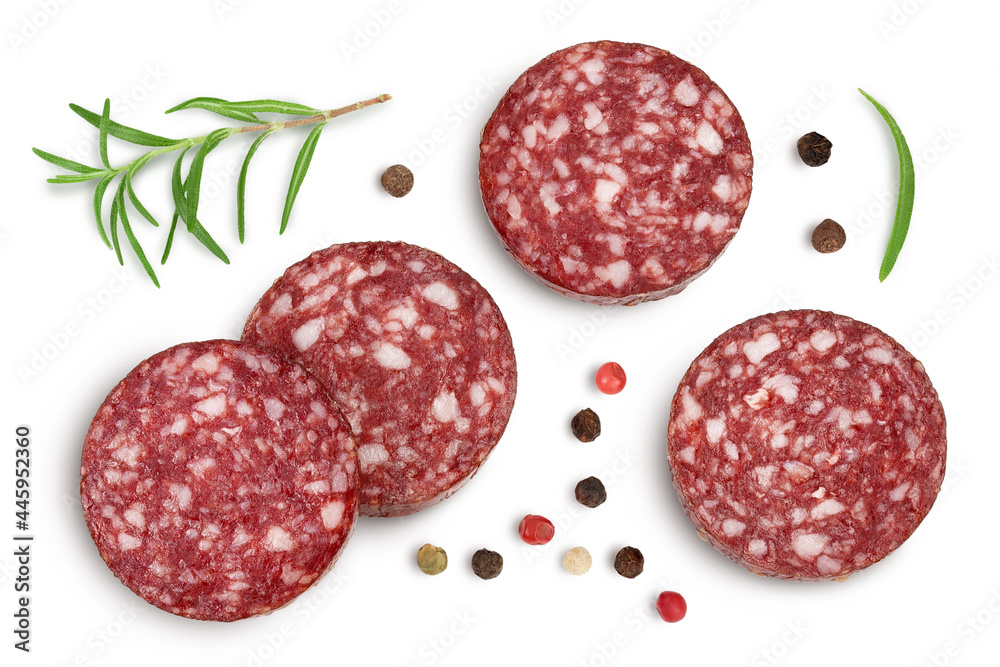 Smoked sausage salami slices isolated on white background with clipping path and full depth of field. Top view. Flat lay Smoked sausage salami slices isolated on white background with clipping path and full depth of field. Top view. Flat lay
