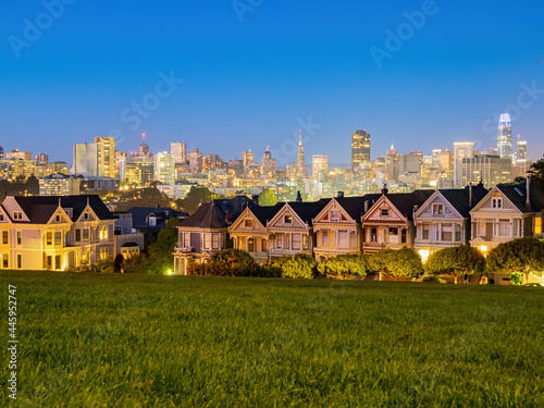 Night view of the famous Painted Ladies with skyline