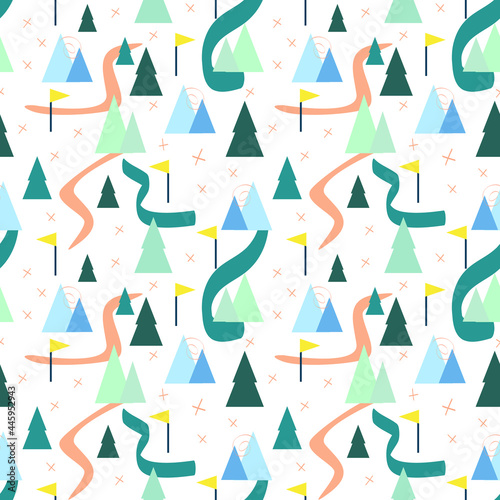 Scandinavian pattern. Trees background. Children room. Seamless pattern with trees  mountains  paths and flags. Mountain  landscape. Boy seamless pattern. 