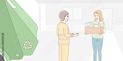 a woman hand holding rubbish recyclables in box coming out of the house for garbage man with garbage truck. male waste collector picking up trash. separating, recycling and eco friendly concept.