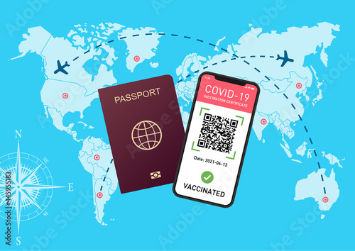 world map with smartphone and health certificate, passport world map, immunity pass with map