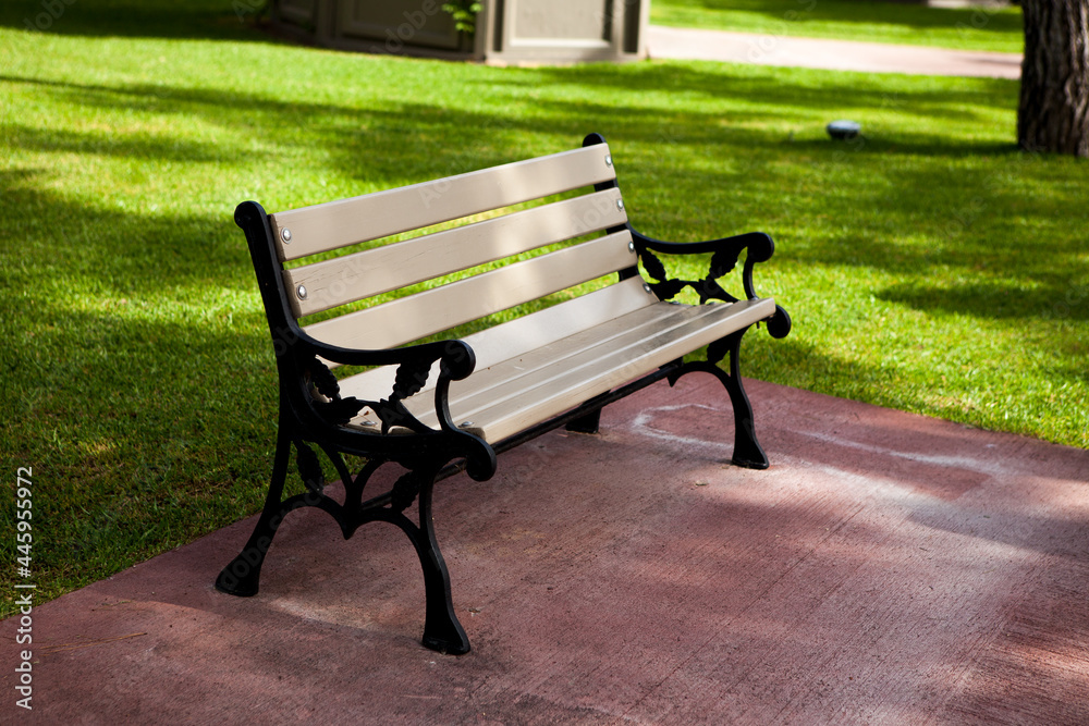 lonely wooden park bench without people. Garden in the city at sunset time.