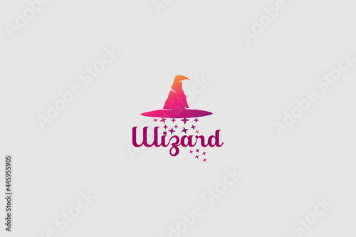 Wizard hat icon logo vector design illustration with stars and blink, witch classic Halloween hat