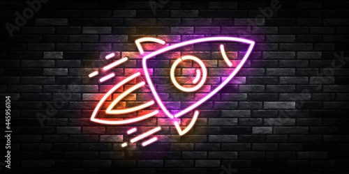 Vector realistic isolated neon sign of Rocket logo for template decoration and covering on the wall background.