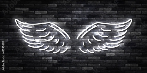 Vector realistic isolated neon sign of White Wings logo for template decoration and covering on the wall background.