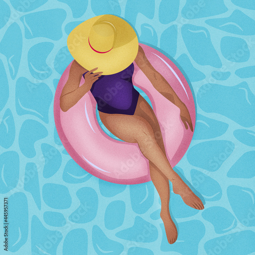 Młoda kobieta relaksująca się na w wodzie. Widok z góry szczupłej dziewczyny w stroju kąpielowym i kapeluszu na różowym dmuchanym kole w dużym basenie. Letnia wakacyjna ilustracja wektorowa. © Monika