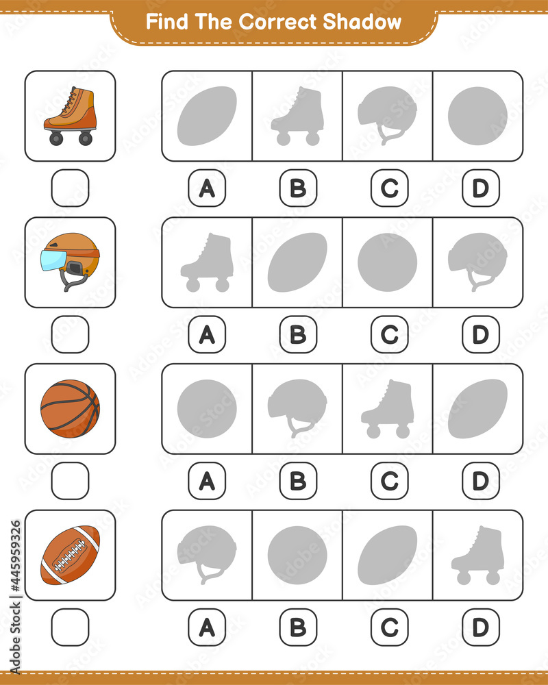 Find the correct shadow. Find and match the correct shadow of Hockey Helmet, Roller Skate, Basketball, and Soccer Ball. Educational children game, printable worksheet, vector illustration