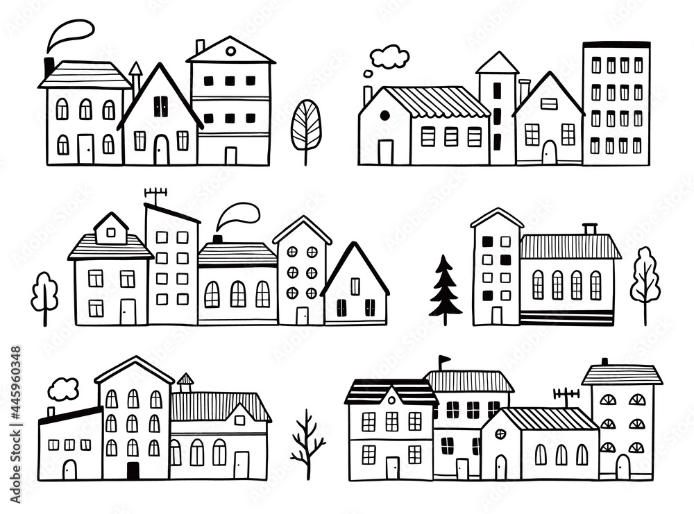 Doodle city street with house. Hand drawn sketch style. House building with roof. Vector illustration for village, town pattern, background.