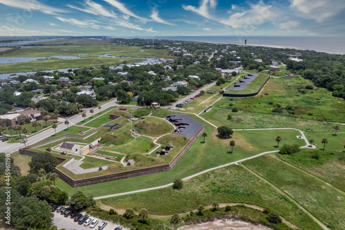 Aerial view of Fort Moultrie on Sullivan's island Charleston, South Carolina from the American Revolutionary war protecting the harbor with gun battery blue cloudy sky