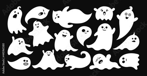 Ghost spook horror silhouette set. Halloween apparition simple cute and scary ghostly monsters. Funny cutes pooky character design. Fly phantom spirit festive element. Party celebrate vector