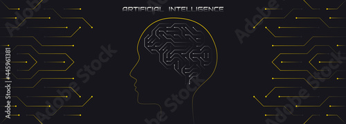 Vector illustration of a brain in the form of a computer microcircuit. Concept, artificial intelligence, high technologies of the future. Design template for web banner and social media. Copy space