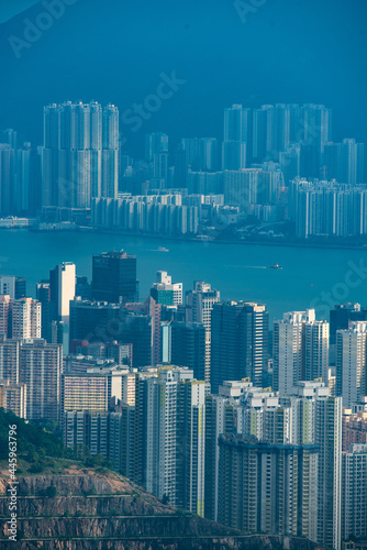 Hong Kong Victoria harbor city landscape, business downtown urban with skyline building tower, Asia district scene of skyscraper architecture view to travel