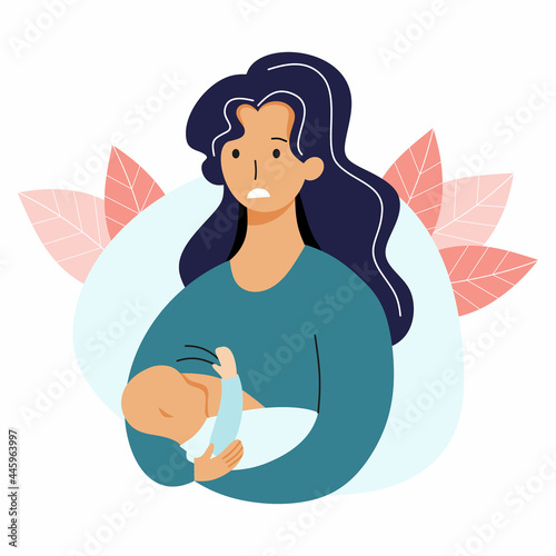 Sad woman is breastfeeding baby. Mom and infant. Problems with breastfeeding. Pain and discomfort. Symptoms of mastitis. photo