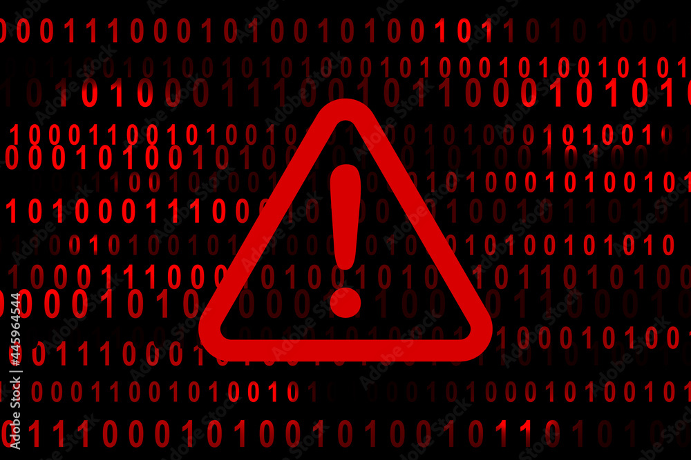 alert warning sign with digital binary code in the background. Exclamation mark. Hacker, ransomware malware, ddos attack cyber incident cybersecurity systems vulnerability malicious encryption concept - obrazy, fototapety, plakaty 