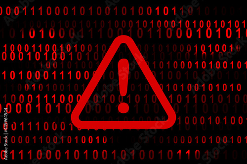 alert warning sign with digital binary code in the background. Exclamation mark. Hacker, ransomware malware, ddos attack cyber incident cybersecurity systems vulnerability malicious encryption concept photo