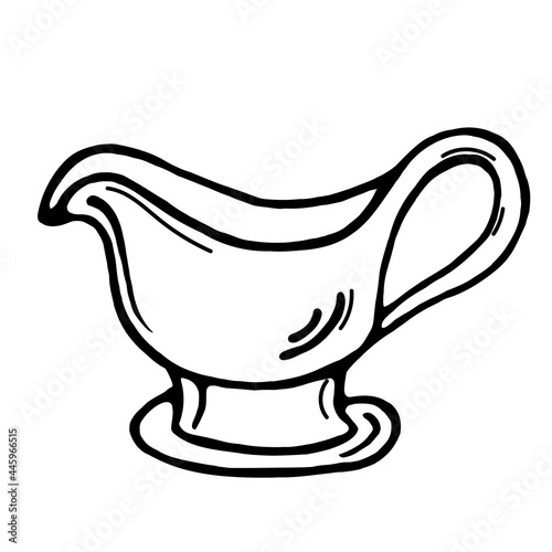 Ceramic gravy boat vector icon. Isolated illustration of kitchen utensils on a white background. Hand-drawn black doodle. A sketch of dishes. Stroke sauce-boat. Tableware outlining.