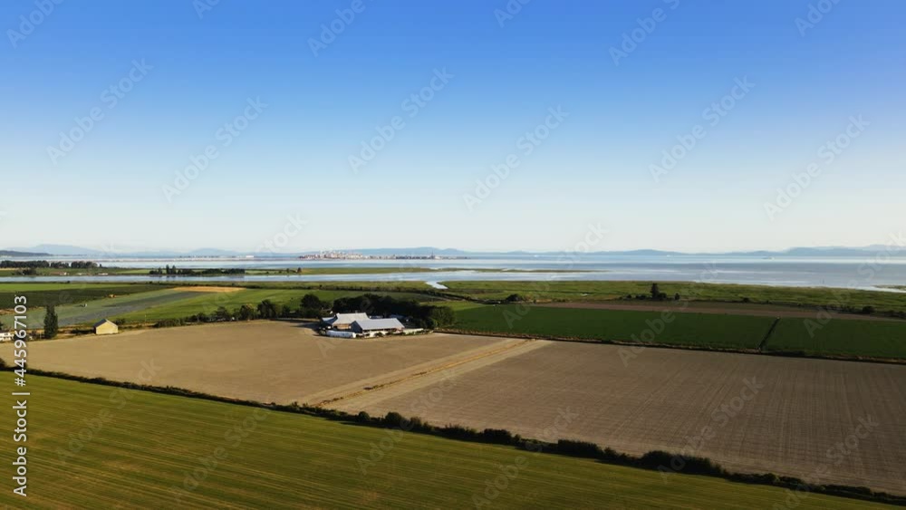 British Columbia, Canada Delta Westham Island Nature Trees Winery Farm Blue Sky Aerial Drone Footage British Columbia, Canada Delta Westham Island Nature Trees Winery Farm Blue Sky Aerial Drone Footage