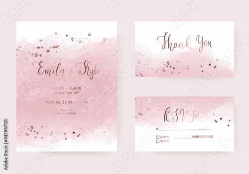 Wedding invitation templates with peach watercolor brush stroke and gold confetti.