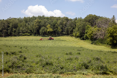 old farm tractor in green field