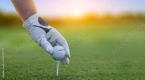 A golf ball on golf pin green grass with golf course background , green tree sun rays