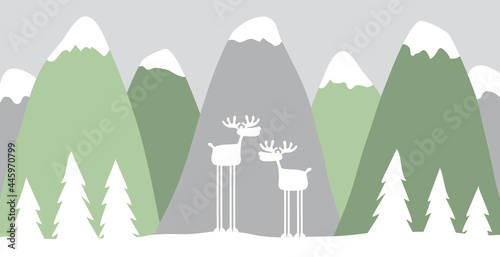 abstrakte minimalistische kunst weihnachten mit Schnee auf Bergen und zwei Rentieren mit überdimensional langen Beinen