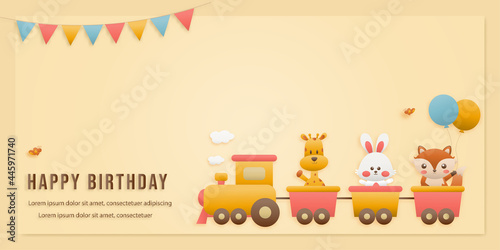 Cute animals on train birthday greeting card. jungle animals celebrate children's birthdays and template invitation paper and papercraft style vector illustration. Theme happy birthday.
