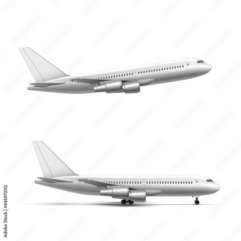 Flying and standing airplane, jet aircraft or airliner side view. Detailed passenger air plane on white background.