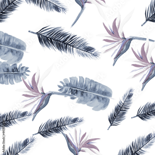 Azure Pattern Palm. Indigo Tropical Illustration. White Floral Leaves. Gray Flora Foliage. Blue Decoration Background. Cobalt Wallpaper Textile. Navy Spring Art.