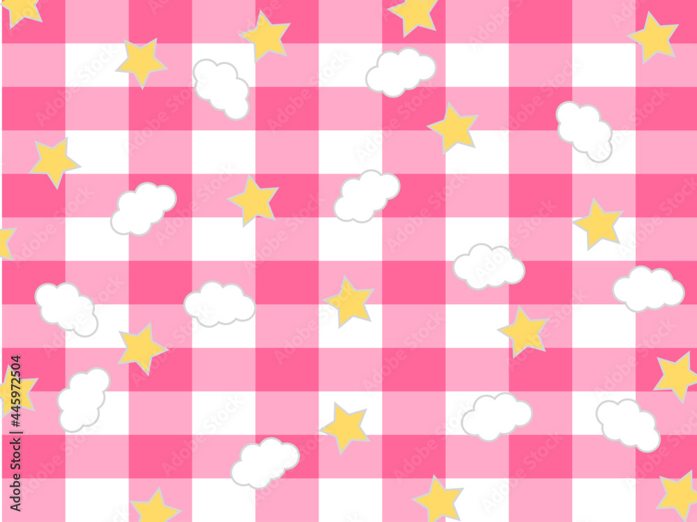 Seamless vector pattern with blue sky with clouds and stars on pink background. Illustration