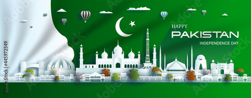 Illustration Anniversary celebration pakistan day with green flag background. photo
