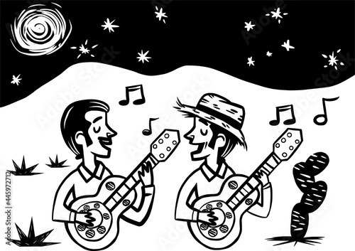 Desenho estilo xilogravura de violeiros. Cantadores Nordestinos. Luar do Sertão