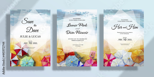 Happy wedding invitation card set with watercolor umbrella seascape paintings.