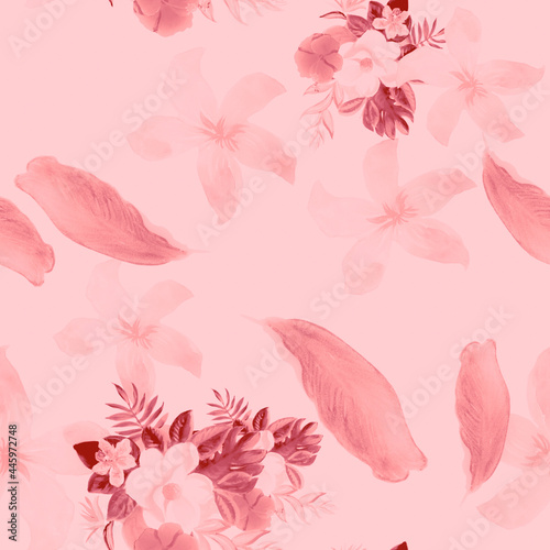 Gray Seamless Vintage. White Pattern Background. Pink Tropical Exotic. Coral Flower Textile. Flora Foliage. Watercolor Exotic. Floral Exotic. Summer Nature.