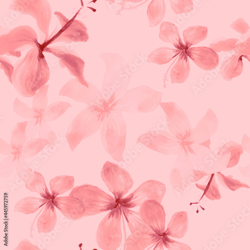 White Seamless Leaves. Gray Pattern Nature. Coral Tropical Hibiscus. Pink Spring Painting. Flower Vintage. Floral Leaves. Flora Hibiscus. Decoration Texture.
